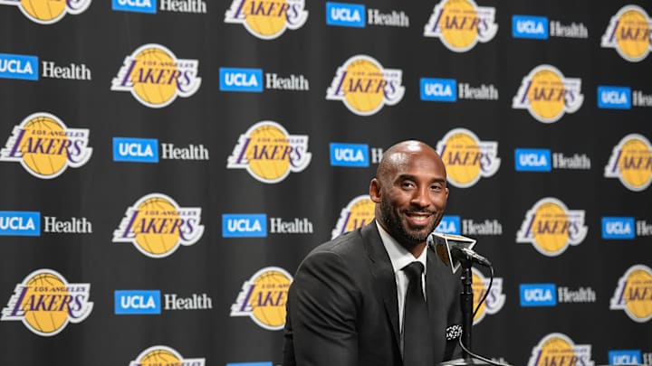 Dec 18, 2017; Los Angeles, CA, USA; Former Lakers player Kobe Bryant speaks to the media prior to the Lakers' game against the Golden State Warriors at Staples Center. Bryant's numbers 8 and 24 were to be retired during a halftime ceremony. Mandatory Credit: Robert Hanashiro-Imagn Images Dec 18, 2017; Los Angeles, CA, USA; Former Lakers player Kobe Bryant speaks to the media prior to the Lakers' game against the Golden State Warriors at Staples Center. Bryant's numbers 8 and 24 were to be retired during a halftime ceremony. Mandatory Credit: Robert Hanashiro-Imagn Images