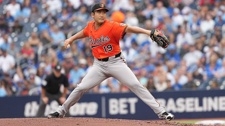Sep 13, 2025; Toronto, Ontario, CAN; Baltimore Orioles starting pitcher Tomoyuki Sugano (19) throws a pitch against the Toronto Blue Jays during the first inning at Rogers Centre. Mandatory Credit: Nick Turchiaro-Imagn Images
