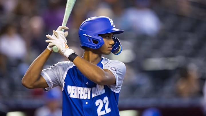 Aug 28, 2022; Phoenix, Arizona, US; East infielder Arjun Nimmala (22) during the Perfect Game All-American Classic high school baseball game at Chase Field. Mandatory Credit: 