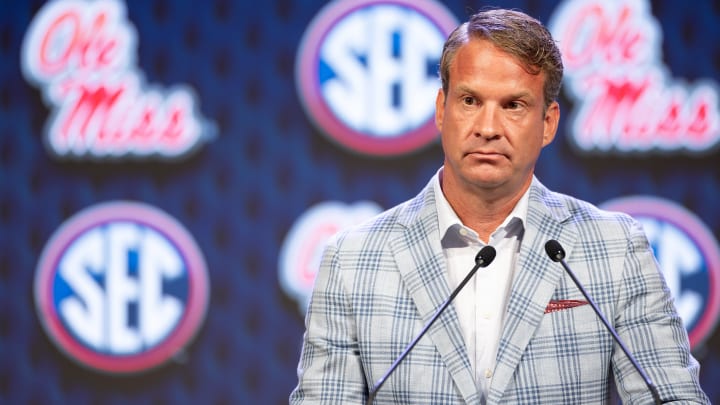 Jul 15, 2024; Dallas, TX, USA; Ole Miss head coach Lane Kiffin speaking at Omni Dallas Hotel. Mandatory Credit: Brett Patzke-USA TODAY Sports Jul 15, 2024; Dallas, TX, USA; Ole Miss head coach Lane Kiffin speaking at Omni Dallas Hotel. Mandatory Credit: Brett Patzke-USA TODAY Sports
