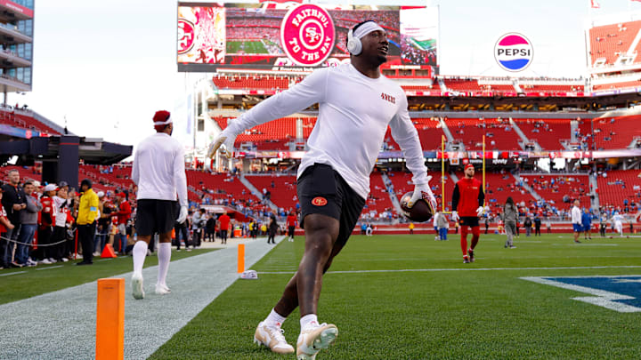 Dec 30, 2024; Santa Clara, California, USA; San Francisco 49ers wide receiver Deebo Samuel Sr. (1) during the game against the Detroit Lions at Levi's Stadium. Mandatory Credit: Sergio Estrada-Imagn Images