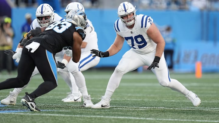 Nov 5, 2023; Charlotte, North Carolina, USA; Indianapolis Colts offensive tackle Bernhard Raimann (79) during the first quarter against the Carolina Panthers at Bank of America Stadium. Mandatory Credit: Jim Dedmon-Imagn Images