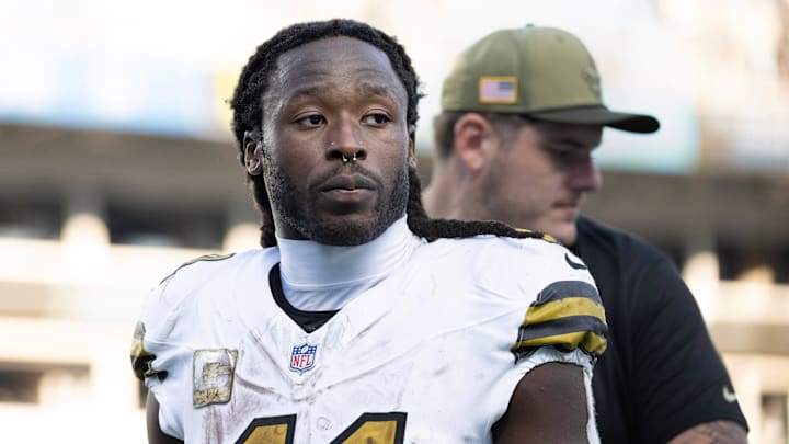 Nov 9, 2025; Charlotte, North Carolina, USA; New Orleans Saints running back Alvin Kamara (41) walks off the field after the game at Bank of America Stadium. 
