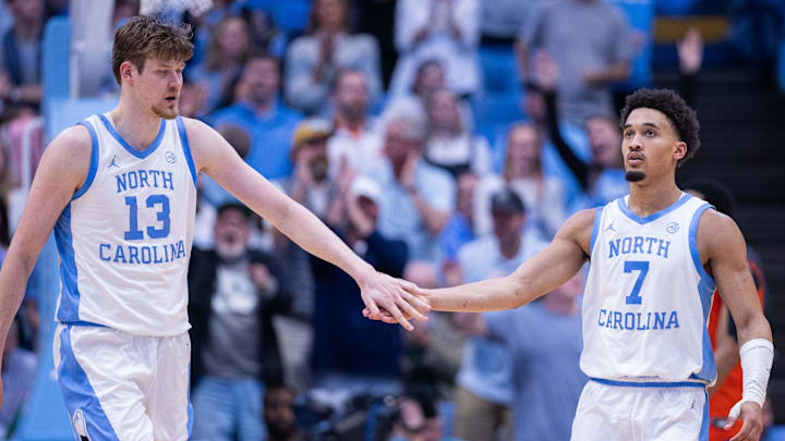 Mar 3, 2026; Chapel Hill, North Carolina, USA; North Carolina Tar Heels center Henri Veesaar (13) celebrates with guard Seth Trimble (7) during the second half against the Clemson Tigers at Dean E. Smith Center. Mandatory Credit: Scott Kinser-Imagn Images Mar 3, 2026; Chapel Hill, North Carolina, USA; North Carolina Tar Heels center Henri Veesaar (13) celebrates with guard Seth Trimble (7) during the second half against the Clemson Tigers at Dean E. Smith Center. Mandatory Credit: Scott Kinser-Imagn Images