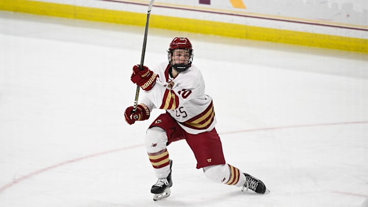 Feb 28, 2025; Chestnut Hill, MA, USA; Boston College forward James Hagens (10) shoots against the University of New Hampshire Wildcats during the third period at Conte Forum. Mandatory Credit: Eric Canha-Imagn Images