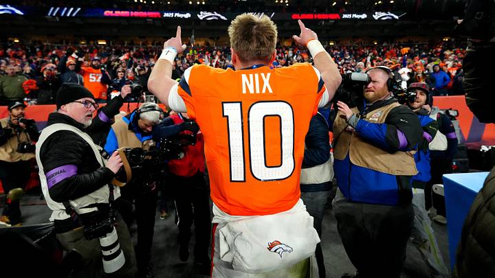 Jan 17, 2026; Denver, CO, USA; Denver Broncos quarterback Bo Nix (10) celebrates after winning an AFC Divisional Round playoff game against the Buffalo Bills at Empower Field at Mile High. Jan 17, 2026; Denver, CO, USA; Denver Broncos quarterback Bo Nix (10) celebrates after winning an AFC Divisional Round playoff game against the Buffalo Bills at Empower Field at Mile High.