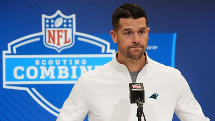 Carolina Panthers coach Dave Canales speaks during the NFL Scouting Combine at the Indiana Convention Center.