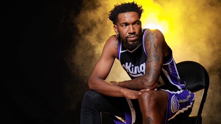 Sep 30, 2024; Sacramento, CA, USA; Sacramento Kings guard Malik Monk (0) during media day at Golden 1 Center. Mandatory Credit: Sergio Estrada-Imagn Images