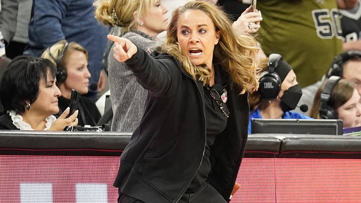 Mar 11, 2022; San Antonio, Texas, USA; San Antonio Spurs head coach Gregg Popovich and assistant coach Becky Hammon during the final minutes of the game against the Utah Jazz just before becoming the winningest coach in NBA history at AT&T Center. Mandatory Credit: Scott Wachter-Imagn Images