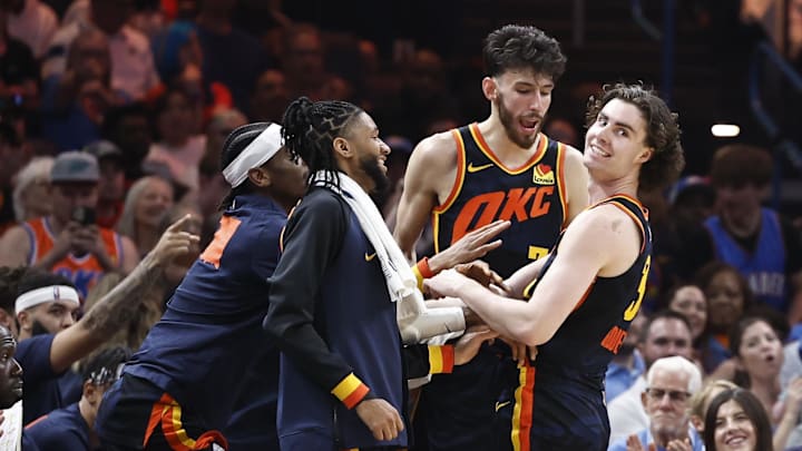 Apr 14, 2024; Oklahoma City, Oklahoma, USA; Oklahoma City Thunder guard Josh Giddey (3) celebrates Apr 14, 2024; Oklahoma City, Oklahoma, USA; Oklahoma City Thunder guard Josh Giddey (3) celebrates