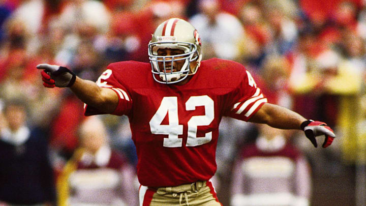 Jan 20, 1991; San Francisco, CA, USA; FILE PHOTO; San Francisco 49ers safety Ronnie Lott (42) on the field against the New York Giants during the 1990 NFC Championship Game at Candlestick Park. The Giants defeated the 49ers 15-13. Mandatory Credit: Tony Tomsic-USA TODAY NETWORK