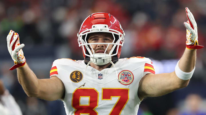 Nov 27, 2025; Arlington, Texas, USA; Kansas City Chiefs tight end Travis Kelce (87) warms up prior to the game against the Dallas Cowboys at AT&T Stadium. Mandatory Credit: Kevin Jairaj-Imagn Images