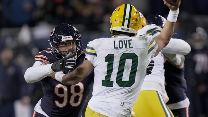 Chicago Bears defensive end Montez Sweat (98) forces Green Bay Packers quarterback Jordan Love (10) to be penalized for intentional grounding during the fourth quarter of their wild card playoff game Saturday, January 10, 2026 at Soldier Field in Chicago, Illinois. The Chicago Bears beat the Green Bay Packers 31-27.