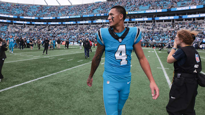 Oct 12, 2025; Charlotte, North Carolina, USA; Carolina Panthers wide receiver Tetairoa McMillan (4) looks on after the game against the Dallas Cowboys at Bank of America Stadium. Mandatory Credit: Scott Kinser-Imagn Images Oct 12, 2025; Charlotte, North Carolina, USA; Carolina Panthers wide receiver Tetairoa McMillan (4) looks on after the game against the Dallas Cowboys at Bank of America Stadium. Mandatory Credit: Scott Kinser-Imagn Images