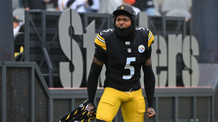 Oct 12, 2025; Pittsburgh, Pennsylvania, USA; Pittsburgh Steelers cornerback Jalen Ramsey (5) takes the field for a game against the Cleveland Browns at Acrisure Stadium. Mandatory Credit: Barry Reeger-Imagn Images