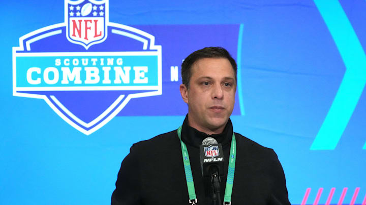 Feb 27, 2024; Indianapolis, IN, USA; Kansas City Chiefs general manager Brett Veach speaks during a press conference at the NFL Scouting Combine at Indiana Convention Center. Mandatory Credit: Kirby Lee-Imagn Images Feb 27, 2024; Indianapolis, IN, USA; Kansas City Chiefs general manager Brett Veach speaks during a press conference at the NFL Scouting Combine at Indiana Convention Center. Mandatory Credit: Kirby Lee-Imagn Images