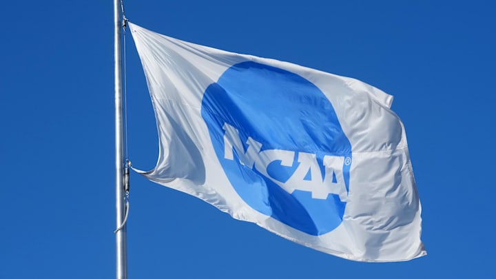 Jun 11, 2025; Eugene, OR, USA;A NCAA logo flag at the NCAA Track and Field Championships at Hayward Field. Mandatory Credit: Kirby Lee-Imagn Images