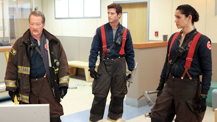 CHICAGO FIRE -- "On The Hook" Episode 12005 -- Pictured: (l-r) Christian Stolte as Randy "Mouch" McHolland, Jake Lockett as Sam Carver, Miranda Rae Mayo as Stella Kidd -- (Photo by: Adrian S Burrows Sr/NBC)