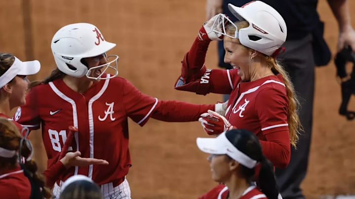 Alabama Softball Player Audrey Vandagriff (12) celebrates a homerun during a game against West Alabama at Rhoads Stadium in Tuscaloosa, AL on Friday, Oct 18, 2024.