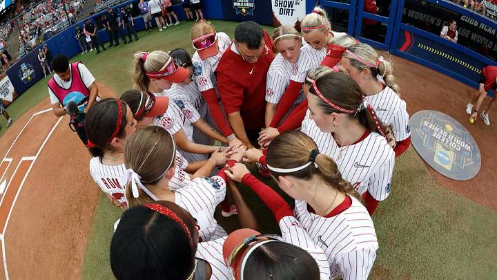 The 2026 Alabama softball team huddle at the Women's College World Series The 2026 Alabama softball team huddle at the Women's College World Series
