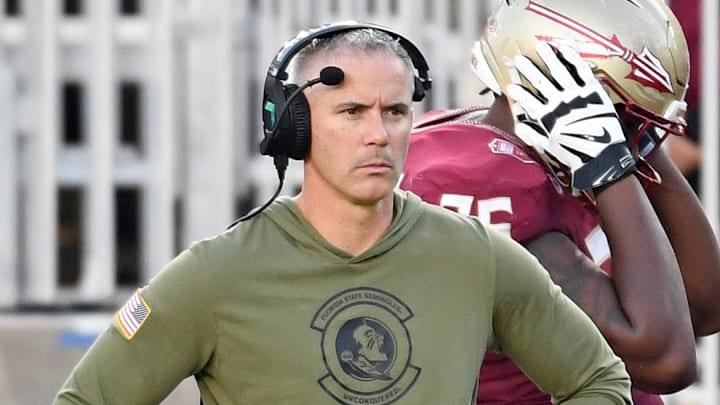 Nov 2, 2024; Tallahassee, Florida, USA; Florida State Seminoles head coach Mike Norvell looks on from the sideline after the North Carolina Tarheels score a final touchdown in the fourth quarter at Doak S. Campbell Stadium. Mandatory Credit: Robert Myers-Imagn Images