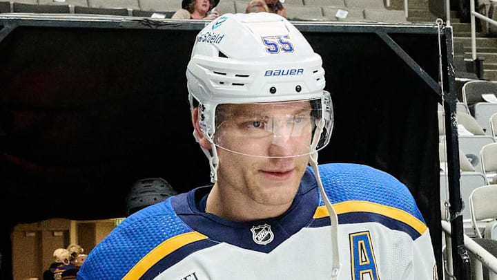 St. Louis Blues defenseman Colton Parayko (55) walks to the ice for warmups before the game between the San Jose Sharks and the St. Louis Blues at SAP Center at San Jose. Mandatory Credit: Robert Edwards-USA TODAY Sports