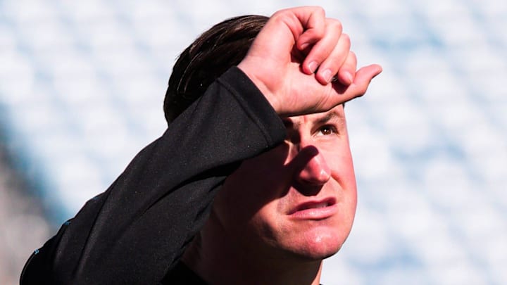Jacksonville Jaguars offensive coordinator Grant Udinski walks on the field during warmups before an NFL football game at EverBank Stadium, Sunday, Dec. 14, 2025, in Jacksonville, Fla. [Doug Engle/Florida Times-Union]