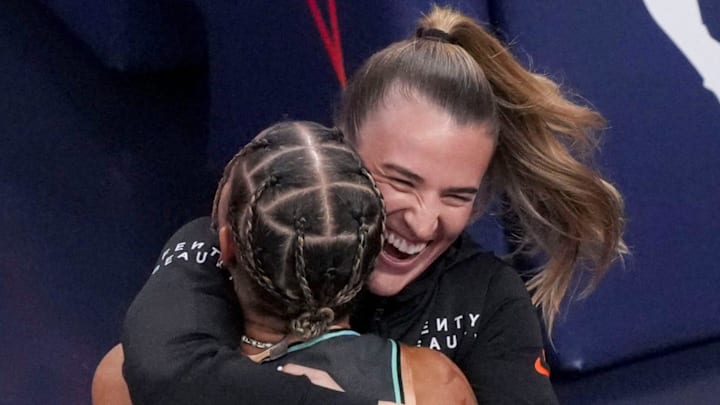 New York Liberty's Natasha Cloud (9) celebrates with New York Liberty's Sabrina Ionescu (20) on Friday, July 18, 2025, after winning the WNBA All-Star skills contest at Gainbridge Fieldhouse in Indianapolis.