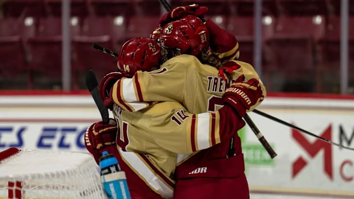 Boston College celebrate a goal in win over No. 8 UConn