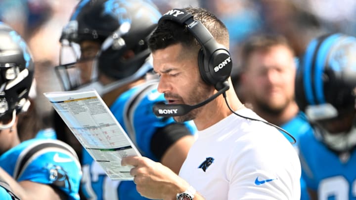 Sep 21, 2025; Charlotte, North Carolina, USA; Carolina Panthers head coach Dave Canales on the sidelines in the fourth quarter at Bank of America Stadium. Sep 21, 2025; Charlotte, North Carolina, USA; Carolina Panthers head coach Dave Canales on the sidelines in the fourth quarter at Bank of America Stadium.