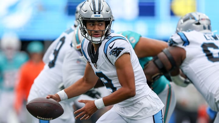 Oct 5, 2025; Charlotte, North Carolina, USA; Carolina Panthers quarterback Bryce Young (9) seen with the ball during the first quarter against the Miami Dolphins at Bank of America Stadium.