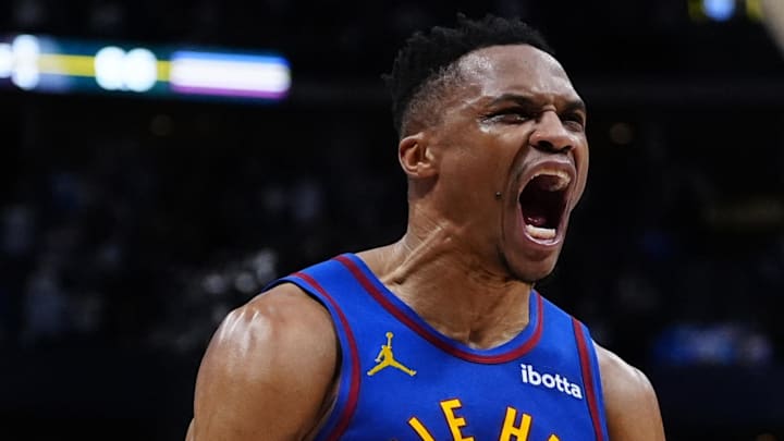 Apr 19, 2025; Denver, Colorado, USA; Denver Nuggets guard Russell Westbrook (4) reacts to his defensive turnover in overtime against the LA Clippers at Ball Arena. Mandatory Credit: Ron Chenoy-Imagn Images Apr 19, 2025; Denver, Colorado, USA; Denver Nuggets guard Russell Westbrook (4) reacts to his defensive turnover in overtime against the LA Clippers at Ball Arena. Mandatory Credit: Ron Chenoy-Imagn Images