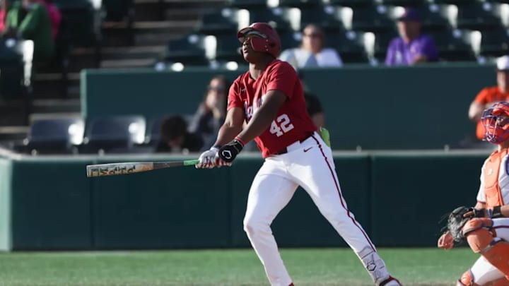 Alabama Baseball Player Eric Hines (42) in action against Clemson at Doug Kigsmore Stadium in Clemson, SC on Saturday, Oct 25, 2025.
