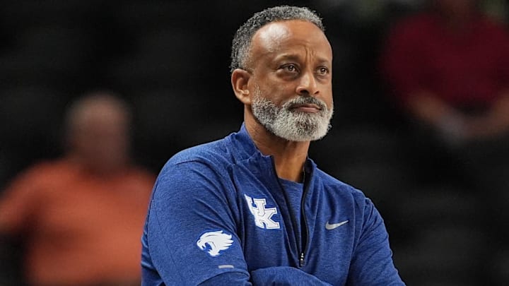 Mar 5, 2026; Greenville, SC, USA; Kentucky Wildcats head coach Kenny Brooks during the first half against the Georgia Bulldogs at Bon Secours Wellness Arena. Mandatory Credit: Jim Dedmon-Imagn Images