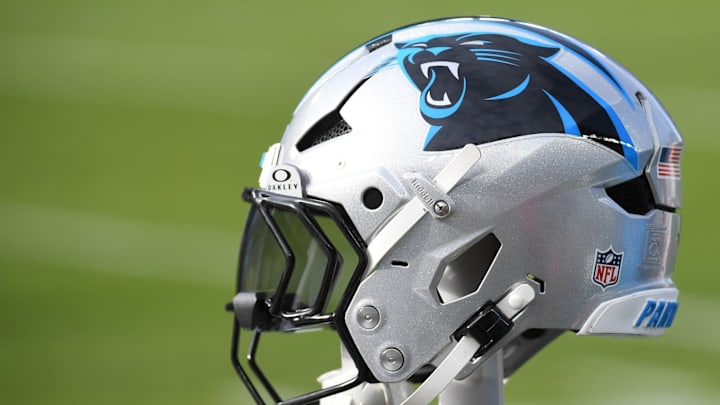 Dec 8, 2024; Philadelphia, Pennsylvania, USA; Carolina Panthers helmet rests on the bench against the Philadelphia Eagles at Lincoln Financial Field. 