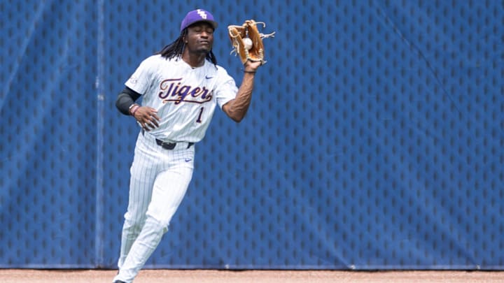 LSU Tigers' Chris Stanfield (1) catches a fly ball as Ole Miss Rebels take on LSU Tigers during the SEC baseball tournament at Hoover Met in Birmingham, Ala., on Saturday, May 24, 2025.