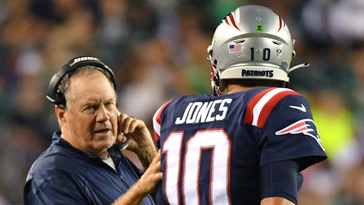 New England Patriots head coach Bill Belichick with quarterback Mac Jones (10)