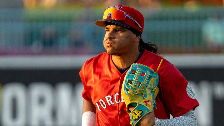 Worcester center fielder Jhostynxon Garcia runs off the field at Polar Park July 29.