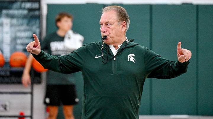 Michigan State’s head coach Tom Izzo blows a whistle during the first basketball practice of the season on Tuesday, Sept. 22, 2026, at the Breslin Center in East Lansing. Michigan State’s head coach Tom Izzo blows a whistle during the first basketball practice of the season on Tuesday, Sept. 22, 2026, at the Breslin Center in East Lansing.