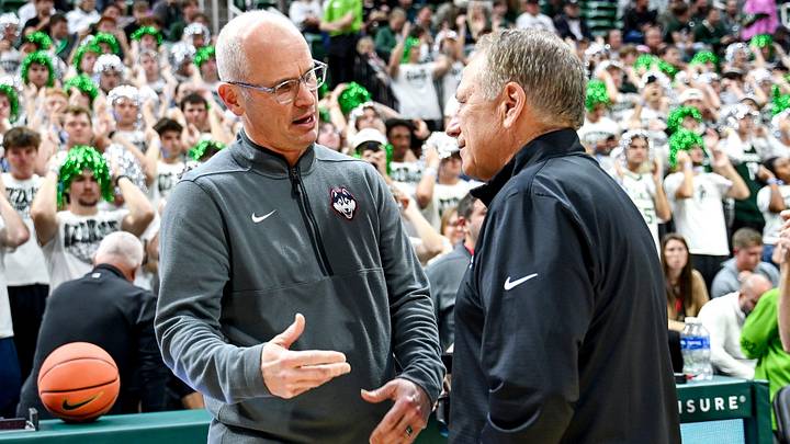 Michigan State’s head coach Tom Izzo, right, and UConn’s head coach Dan Hurley talk before the exhibition game on Tuesday, Oct. 20, 2026, at the Breslin Center in East Lansing. Michigan State’s head coach Tom Izzo, right, and UConn’s head coach Dan Hurley talk before the exhibition game on Tuesday, Oct. 20, 2026, at the Breslin Center in East Lansing.