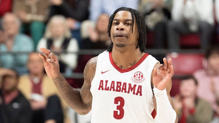 Jan 27, 2026; Tuscaloosa, AL, USA; Alabama guard Latrell Wrightsell Jr. (3) celebrates after hitting a three-pointer against Missouri at Coleman Coliseum. 