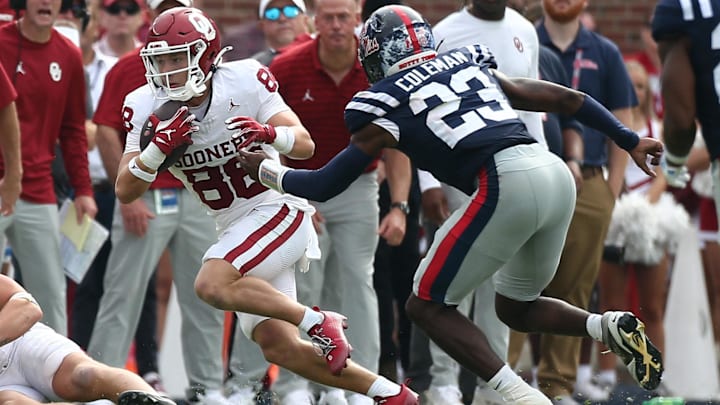 Oklahoma receiver Jacob Jordan hauls in a pass against Ole Miss. Oklahoma receiver Jacob Jordan hauls in a pass against Ole Miss.