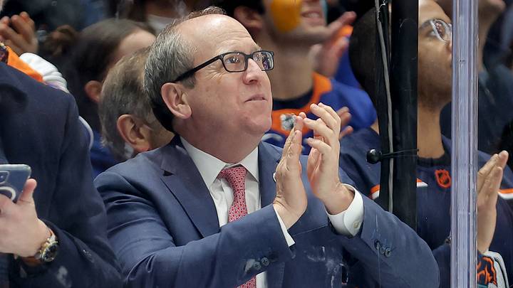 Jan 18, 2023; Elmont, New York, USA; New York Islanders owner Jon Ledecky claps during the second period against the Boston Bruins at UBS Arena. Mandatory Credit: Brad Penner-USA TODAY Sports Jan 18, 2023; Elmont, New York, USA; New York Islanders owner Jon Ledecky claps during the second period against the Boston Bruins at UBS Arena. Mandatory Credit: Brad Penner-USA TODAY Sports