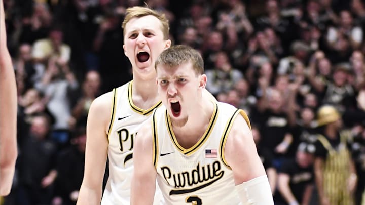 Purdue Boilermakers guards Fletcher Loyer (2) and Braden Smith (3)