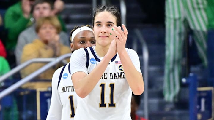 Mar 25, 2024; South Bend, Indiana, USA; Notre Dame Fighting Irish guard Sonia Citron (11) reacts in the second half of the NCAA Tournament second round game against the Ole Miss Rebels at the Purcell Pavilion. Mandatory Credit: Matt Cashore-Imagn Images