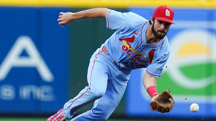 St. Louis Cardinals second baseman Thomas Saggese (25) catches a ground ball in the third inning of a MLB game between the Cincinnati Reds and St. Louis Cardinals, Aug. 30, 2025, at Great American Ball Park in downtown Cincinnati. St. Louis Cardinals second baseman Thomas Saggese (25) catches a ground ball in the third inning of a MLB game between the Cincinnati Reds and St. Louis Cardinals, Aug. 30, 2025, at Great American Ball Park in downtown Cincinnati.