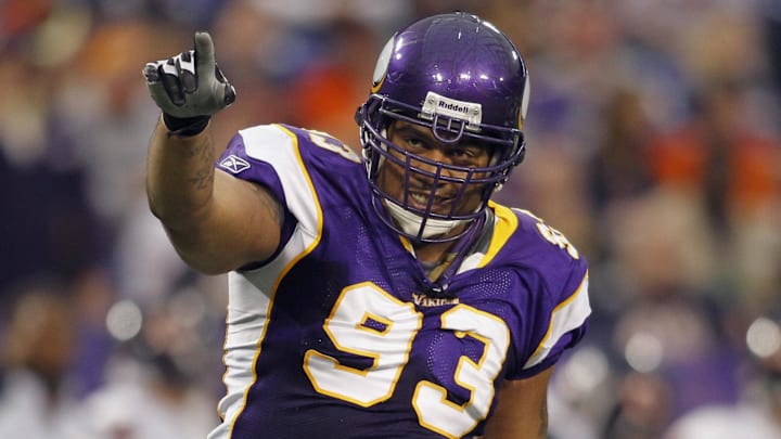 Jan 1, 2012; Minneapolis, MN, USA; Minnesota Vikings defensive tackle Kevin Williams (93) celebrates his sack of the Chicago Bears in the third quarter at the Metrodome. The Bears win 17-13. Jan 1, 2012; Minneapolis, MN, USA; Minnesota Vikings defensive tackle Kevin Williams (93) celebrates his sack of the Chicago Bears in the third quarter at the Metrodome. The Bears win 17-13.