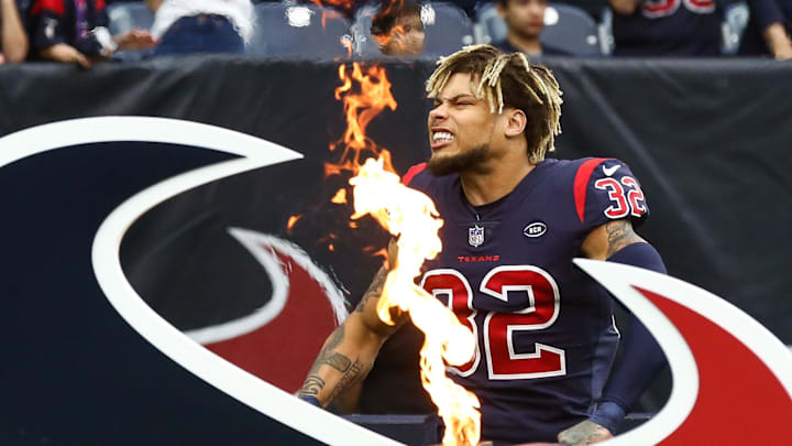 Dec 2, 2018; Houston, TX, USA; Houston Texans free safety Tyrann Mathieu (32) runs onto the field before a game against the Cleveland Browns at NRG Stadium. Mandatory Credit: Troy Taormina-Imagn Images