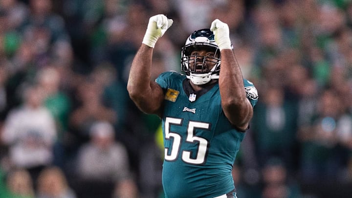 Nov 5, 2023; Philadelphia, Pennsylvania, USA; Philadelphia Eagles defensive end Brandon Graham (55) reacts after a sack during the fourth quarter against the Dallas Cowboys at Lincoln Financial Field. Mandatory Credit: Bill Streicher-Imagn Images Nov 5, 2023; Philadelphia, Pennsylvania, USA; Philadelphia Eagles defensive end Brandon Graham (55) reacts after a sack during the fourth quarter against the Dallas Cowboys at Lincoln Financial Field. Mandatory Credit: Bill Streicher-Imagn Images