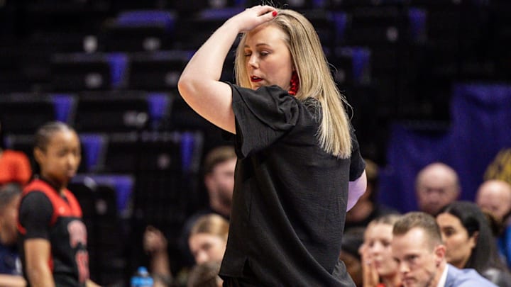  UNLV Lady Rebels head coach Lindy La Rocque reacts to a play against the Michigan Wolverines during the first half at Pete Maravich Assembly Center. Mandatory Credit: Stephen Lew-Imagn Images